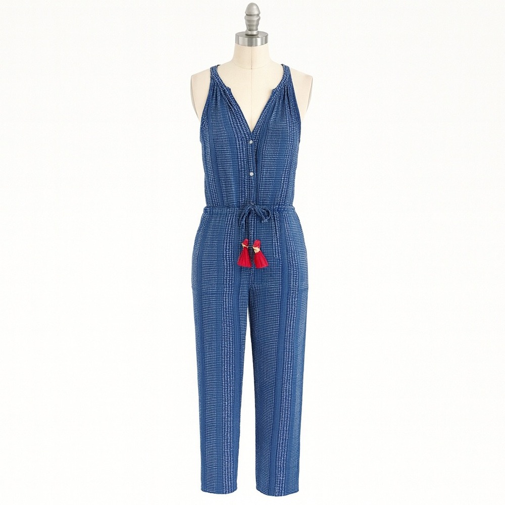 THML Jumpsuit Women's Medium Blue White Sleeveless Button Front Boho‎ Stretch